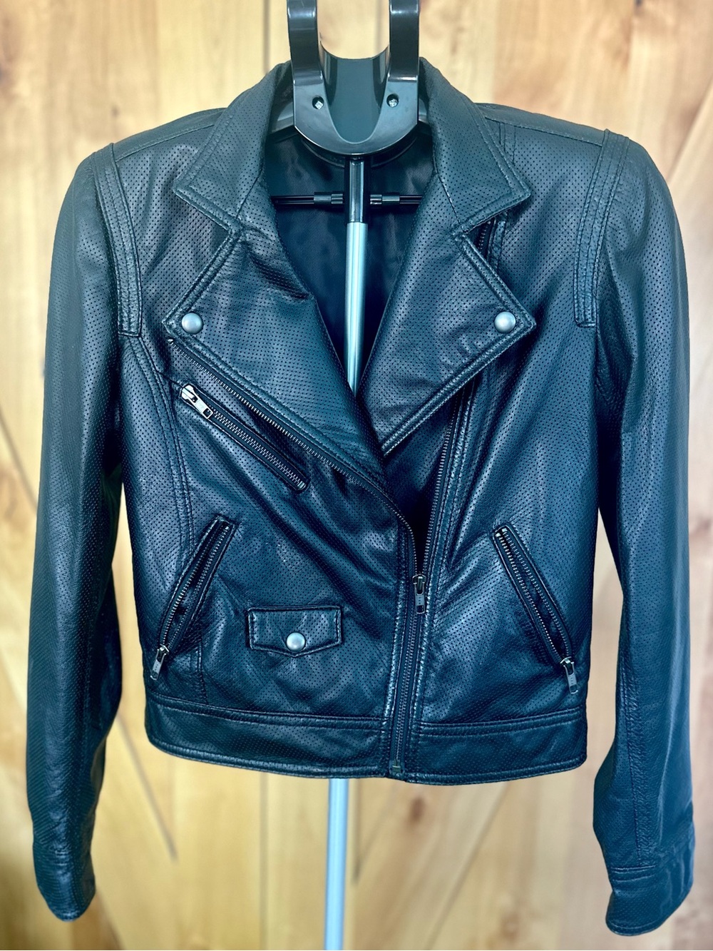Truth and Pride Black Perforated Leather Moto Jacket Small